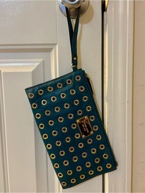 Authentic Michael Kors Teal Leather Wristlet with Gold Grommets